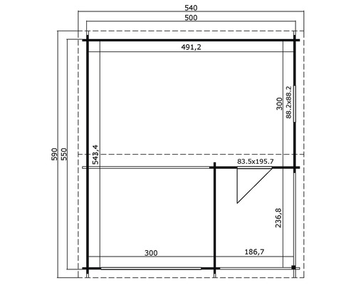 Grundrisszeichnung eines Gartenhauses mit Maßangaben.