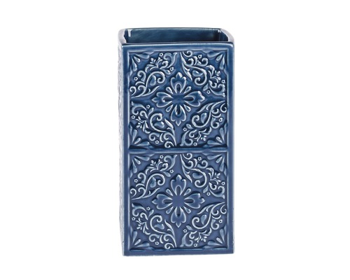 Blauer, quadratischer Zahnputzbecher mit floralem Muster