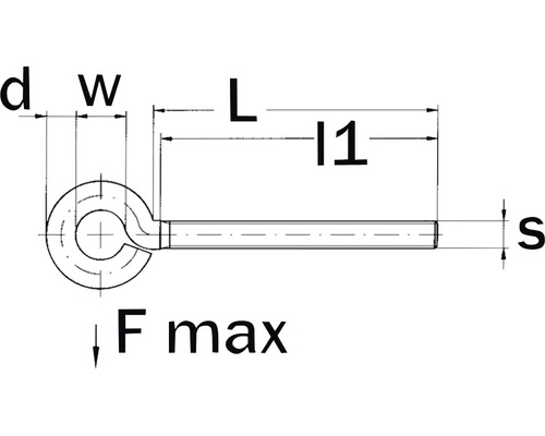 Technische Zeichnung eines Bolzens mit Ringöse und Maßangaben.