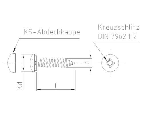 Technische Zeichnung einer Schraube mit Abdeckkappe und Kreuzschlitz nach DIN 7962 H2