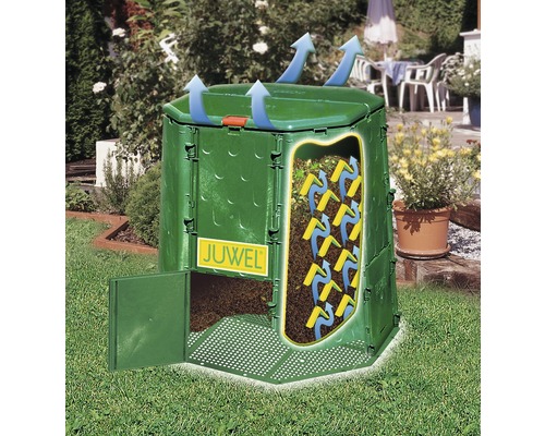 Komposter im Garten mit geöffneter Tür und Belüftungsillustration.