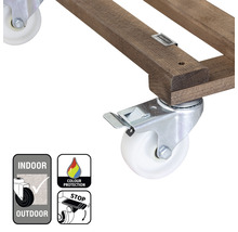 Detailansicht einer Rollenuntersetzer-Konstruktion aus Holz mit Rollen, Symbol für Innen- und Außenbereich, Symbol für Farbschutz, Symbol für Feststellbremse