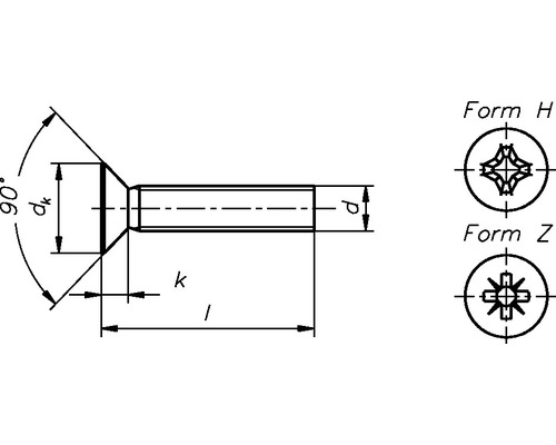 Technische Zeichnung einer Senkkopfschraube mit Form H und Form Z