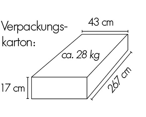 Verpackungskarton mit den Maßen 267, 43 und 17 Zentimeter, Gewicht circa 28 Kilogramm