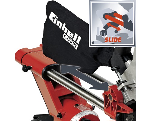 Einhell Expert Logo auf Staubfangsack einer Kapp- und Gehrungssäge mit Zugfunktion.