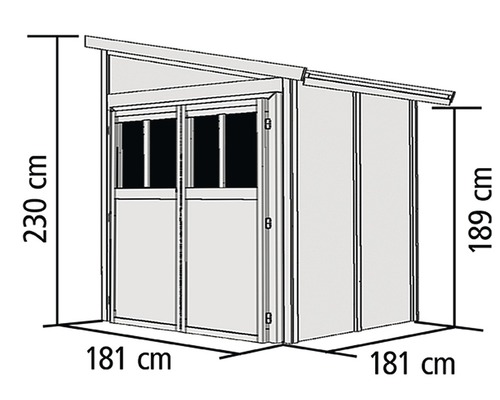 Illustration eines Gerätehauses mit Größenangaben: Höhe 230 cm, Seitenhöhe 189 cm, Breite und Tiefe jeweils 181 cm.