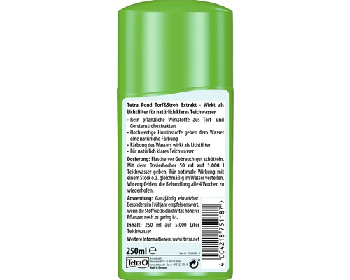Tetra Pond Torf und Stroh Extrakt in einer gruenen Flasche