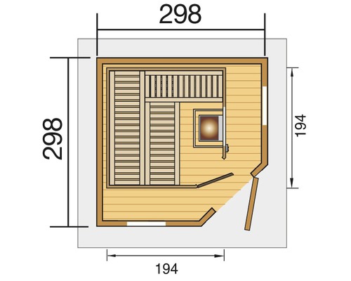 Draufsicht der Sauna mit Maßangaben zu Länge und Breite