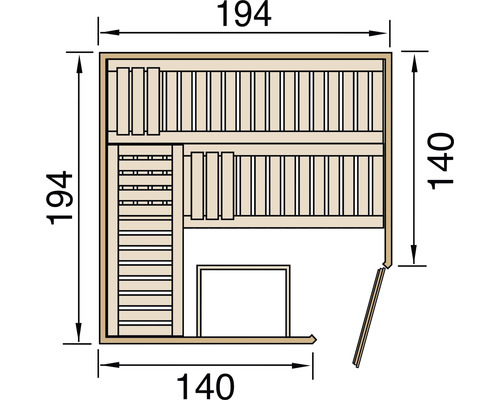Grundriss einer Sauna mit den Maßen 194 mal 140 Zentimeter
