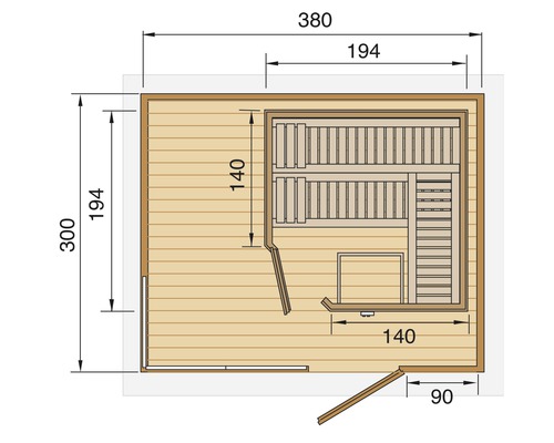 Grundriss einer Sauna mit Abmessungen