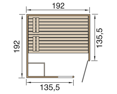 Abmessungen einer Sauna mit Bänken, Seitenwand und Tür