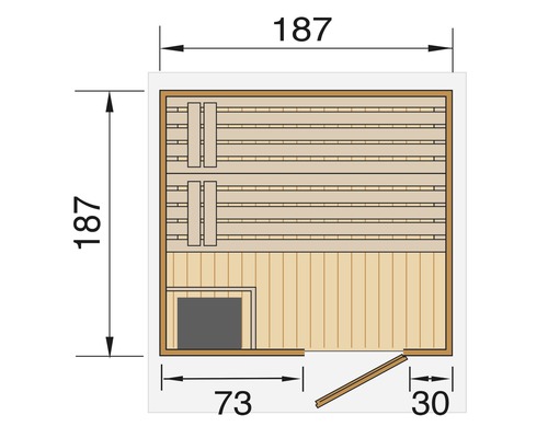 Grundriss einer Sauna mit den Maßen 187 mal 187 Zentimeter