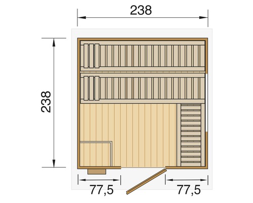 Grundriss einer Sauna mit Maßen.