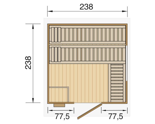 Grundriss einer Sauna mit Maßen 238 mal 238 Zentimeter.