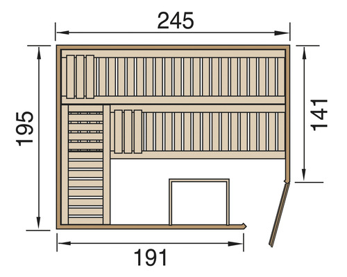 Grundriss einer Sauna mit Abmessungen