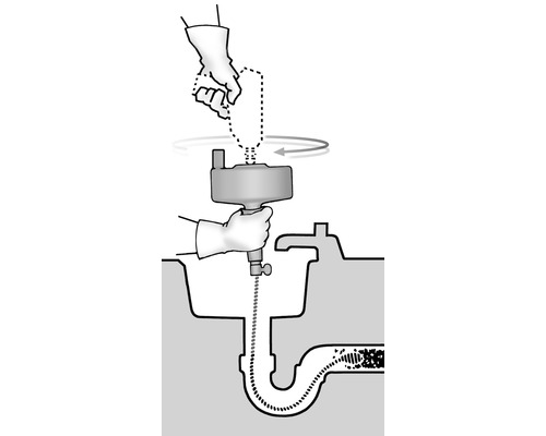 Illustration einer Rohrreinigungsspirale im Einsatz zur Beseitigung einer Verstopfung im Abflussrohr eines Waschbeckens.