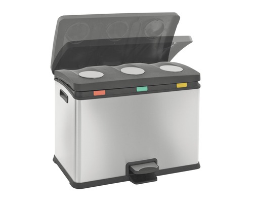 Abfalltrennsystem aus Edelstahl mit drei Fächern und Fußpedal