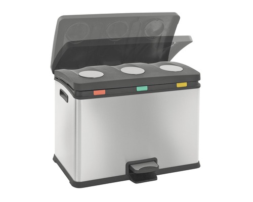 Mülleimer aus Edelstahl mit drei Fächern und Tretmechanismus