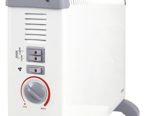 Detailansicht eines Heizlüfters mit Leistungsstufen und Thermostat