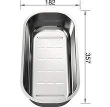 Spülbeckeneinsatz aus Edelstahl mit den Maßen 182 mal 357 Millimeter.