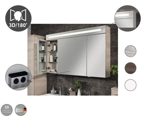 Badezimmer mit Spiegelschrank, Beleuchtung, Steckdosen, Regal und Made in Germany Siegel