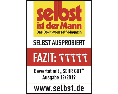Selbst ist der Mann Magazin Logo. Das Do-it-yourself-Magazin. Selbst Ausprobiert. Fazit: Fünf Hämmer. Bewertet mit Sehr Gut, Ausgabe 12/2019. www.selbst.de