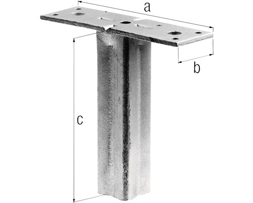 Pfostenfuß aus Metall mit Maßangaben a, b und c