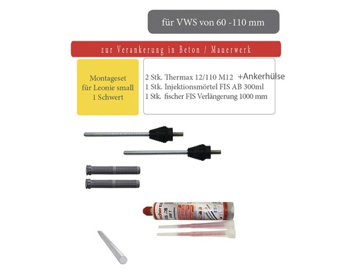 Montageset für Leonie small 1 Schwert zur Verankerung in Beton und Mauerwerk, bestehend aus Dübeln, Injektionsmörtel und Verlängerung