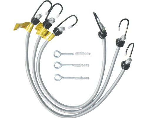 Spanngummis mit Haken und Ösenschrauben mit Dübel