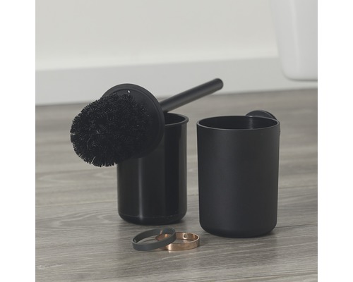 Schwarze Toilettenbürste mit Halter und Zahnputzbecher zur Wandmontage