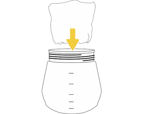 Darstellung eines Behälters mit einem Tuch und einem Pfeil, der nach unten zeigt