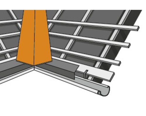 Illustration einer Dachentwässerung mit Dachrinne und Fallrohr