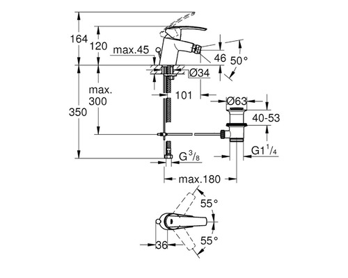 Technische Zeichnung einer Armatur mit Maßangaben