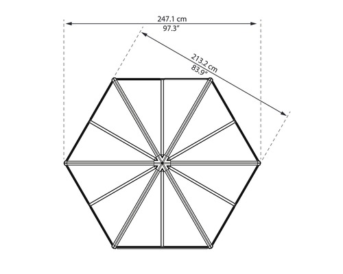 Technische Zeichnung eines sechseckigen Pavillons mit Maßangaben