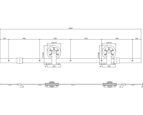 Technische Zeichnung eines Schiebetürbeschlags mit Maßangaben.