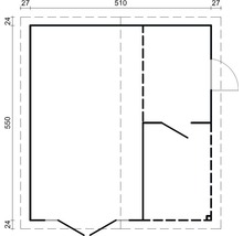 Grundrisszeichnung eines Gartenhauses mit Abmessungen