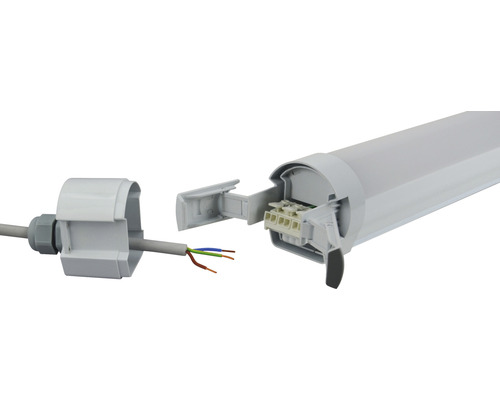 LED Röhrenleuchte mit geöffnetem Anschluss für die Verkabelung