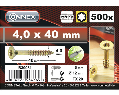 Onnex Schrauben 4,0 x 40 Millimeter, verzinkt, 500 Stück