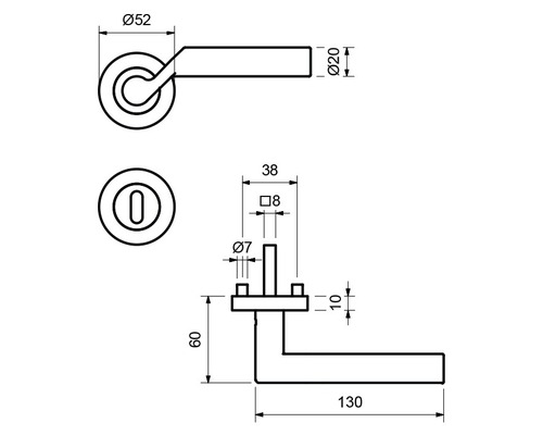 Technische Zeichnung eines Türdrückers mit Maßangaben