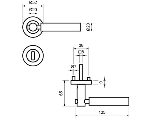 Technische Zeichnung eines Türdrückers mit Maßangaben