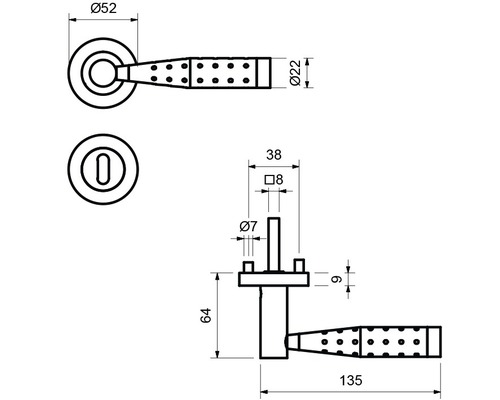 Technische Zeichnung einer Türklinke mit Maßangaben