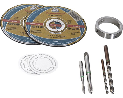 Zwei Trennscheiben, ein Ring, zwei Gewindebohrer, zwei Bohrer und Papierunterlegscheiben für Trennscheiben.