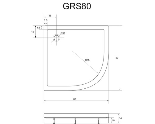 Technische Zeichnung einer Duschwanne mit Abmessungen