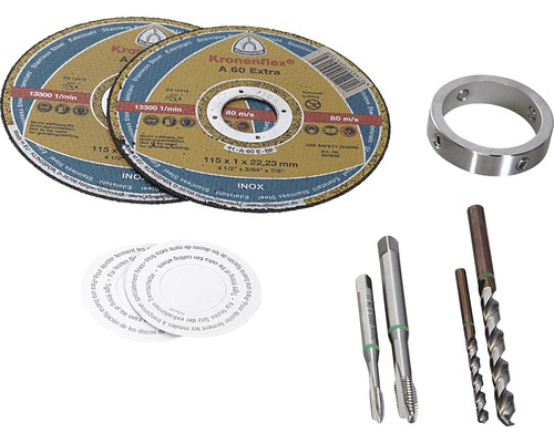 Zwei Trennscheiben, ein Metallring, zwei Gewindebohrer, zwei Bohrer und Papierringe.