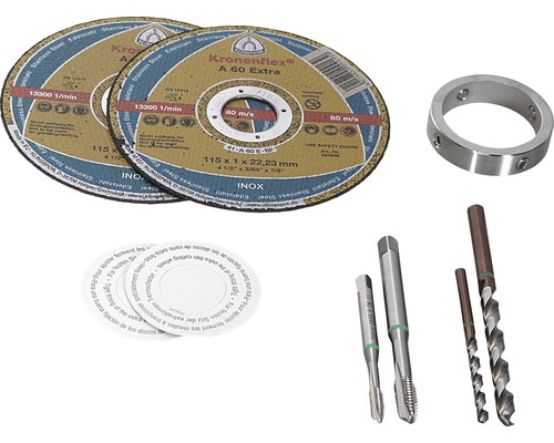 Zwei Trennscheiben, ein Metallring, zwei Gewindebohrer, zwei Spiralbohrer