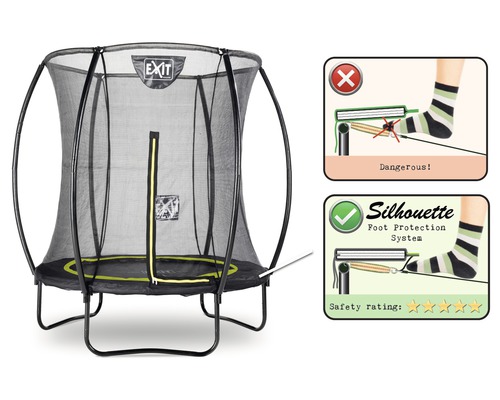 Trampolin mit Sicherheitsnetz und Hinweisen zur Fußsicherheit