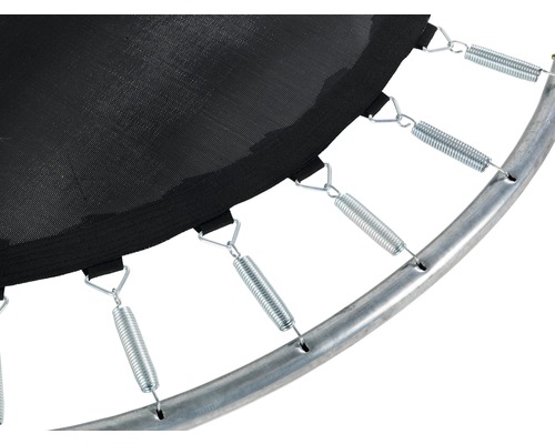 Detailansicht eines Trampolins mit Federn, Sprungtuch und Rahmen.