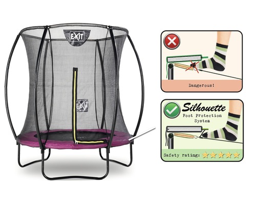 Trampolin mit Sicherheitsnetz und Informationen zum Schutz der Füße