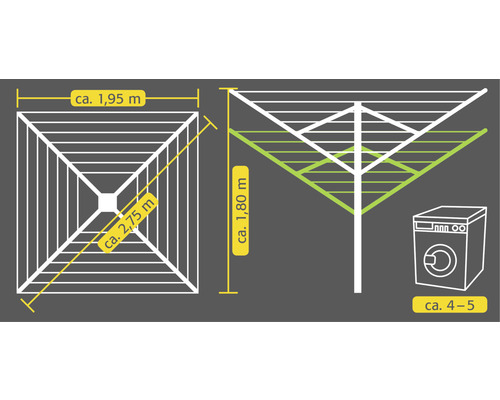 Abmessungen eines Wäscheständers mit einer Höhe von circa 1,80 Meter, einer Breite von circa 1,95 Meter und einer Diagonale von circa 2,75 Meter.
