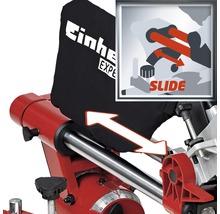 Einhell Logo auf einer Kapp- und Gehrungssäge, die die Gleitfunktion demonstriert